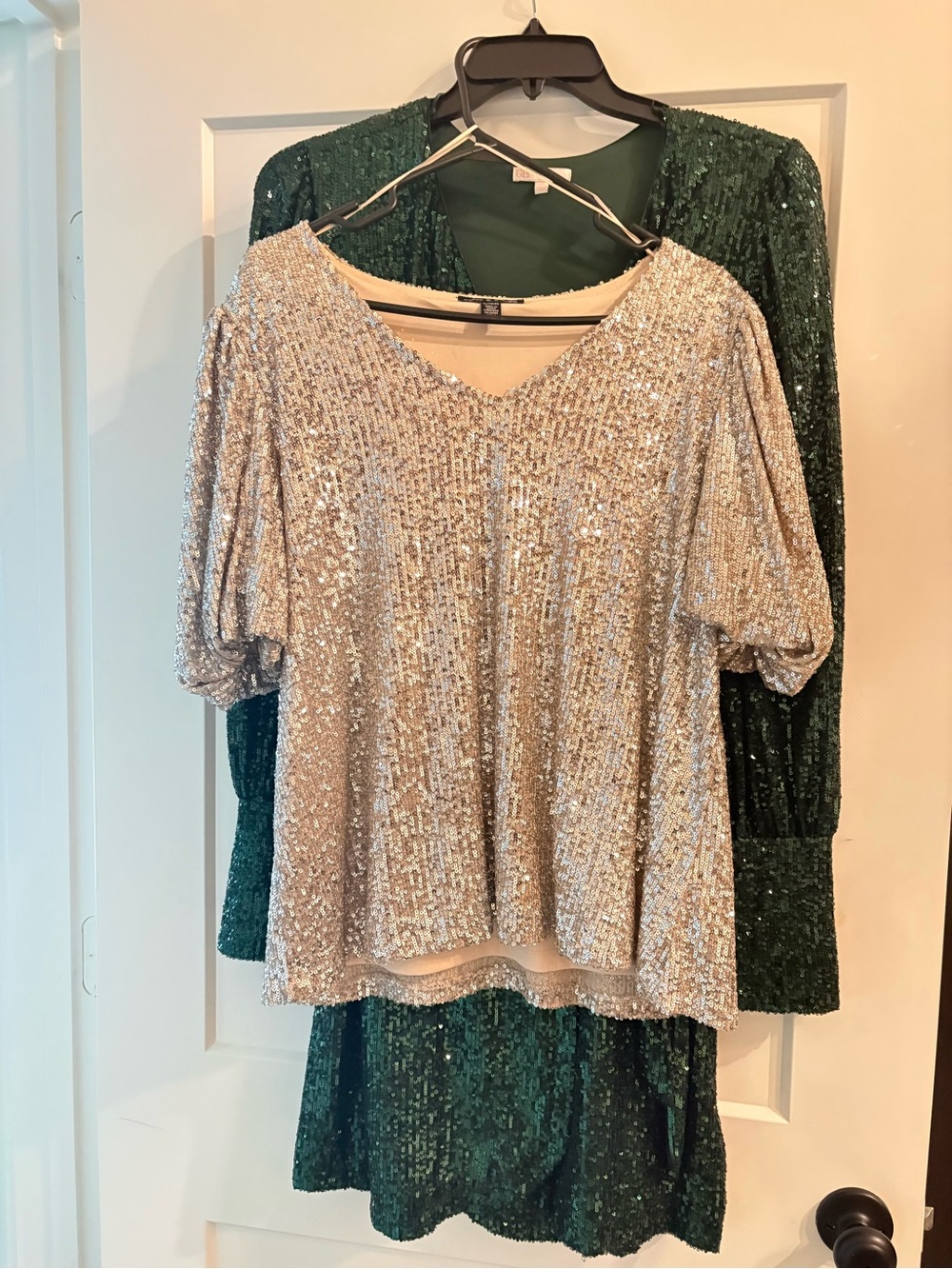 Sequin V-Neck Short Sleeve Top - Silver plus Green dress